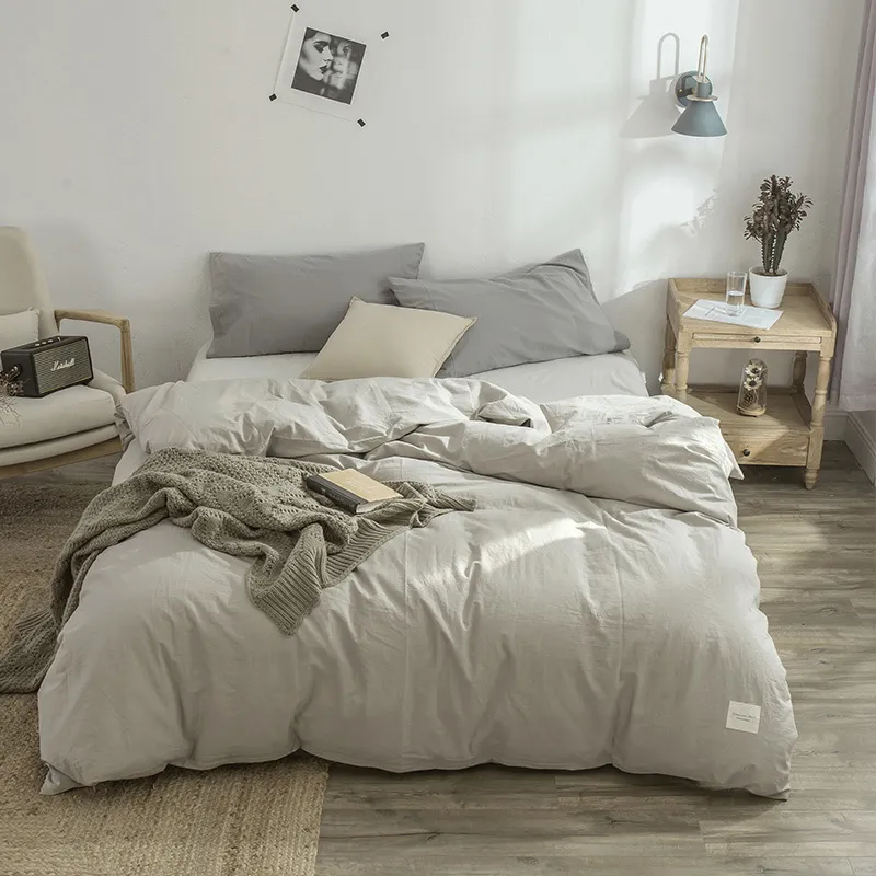 Bettbezug für Doppelbett, 100 % gewaschene Baumwolle, Bettwäsche-Set, weich, pflegeleicht, einfacher Stil, Bettwäsche-Set, mehrfarbig, Grau, T200826