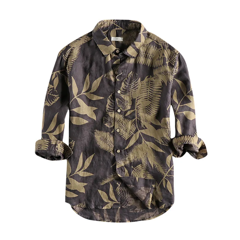 Japanse harajuku 100% linnen bladeren print vintage driekwart mouw knop omhoog shirt voor mannen plus size C1212