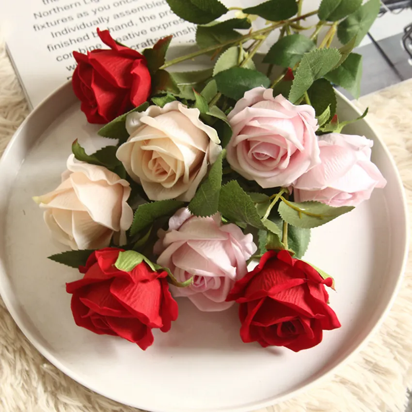 Konstgjorda blommor Flannel Rose Long Branch Bouquet för Wedding Home Decoration Fake Plants DIY Krans Tillbehör Tillbehör W-01375