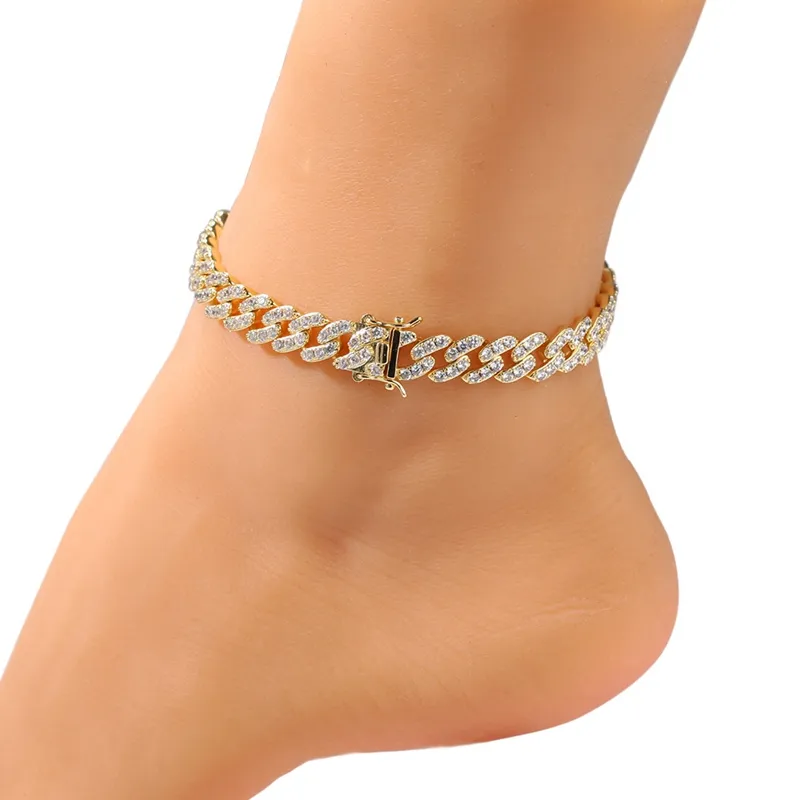 Damen Fußklets Armband Euro Out Kubanische Verbindung Anklets Armbänder Gold Silber Rosa Diamant Hip Hop Anklet Körperkette Schmuck