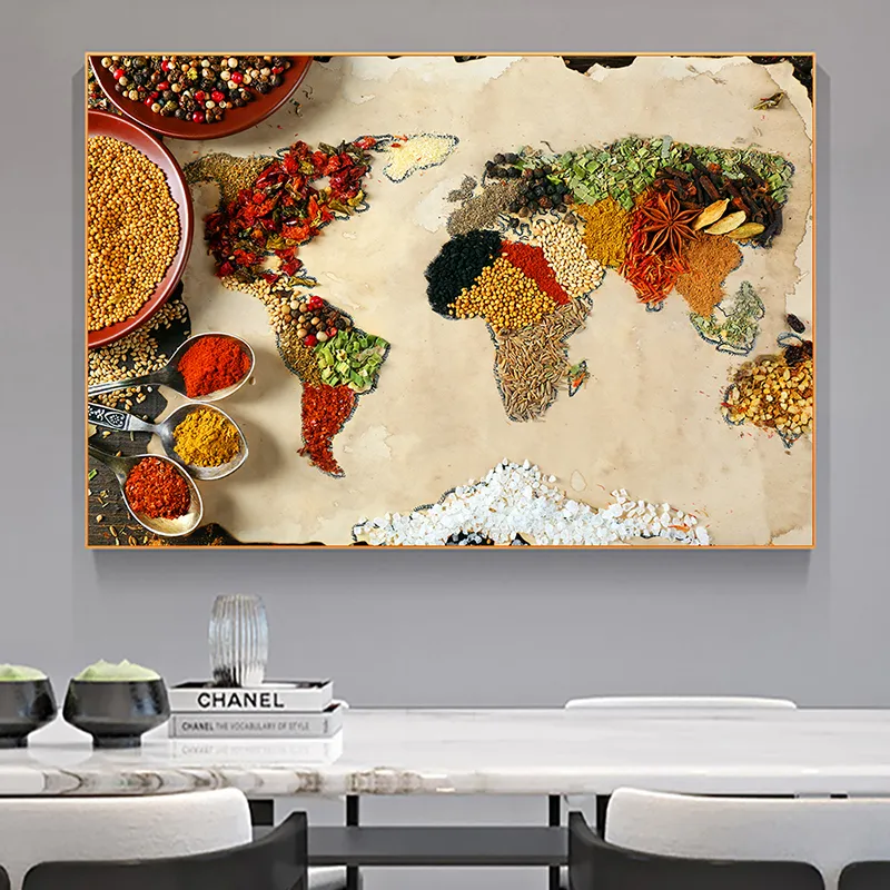Grani Spezie Cucchiaio Mappa Wall Art Poster e stampe Immagini di cibo su tela Pittura per ristorante Soggiorno Decorazione domestica