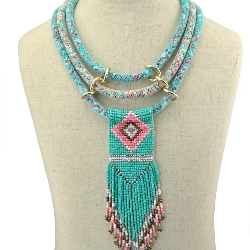 Boho Indian Multi Layered Bib Collar Ketting Handgemaakte Hars Kralen Lange Kwastje Bloem Verklaring Kettingen Dames Afrikaanse Sieraden Y200730