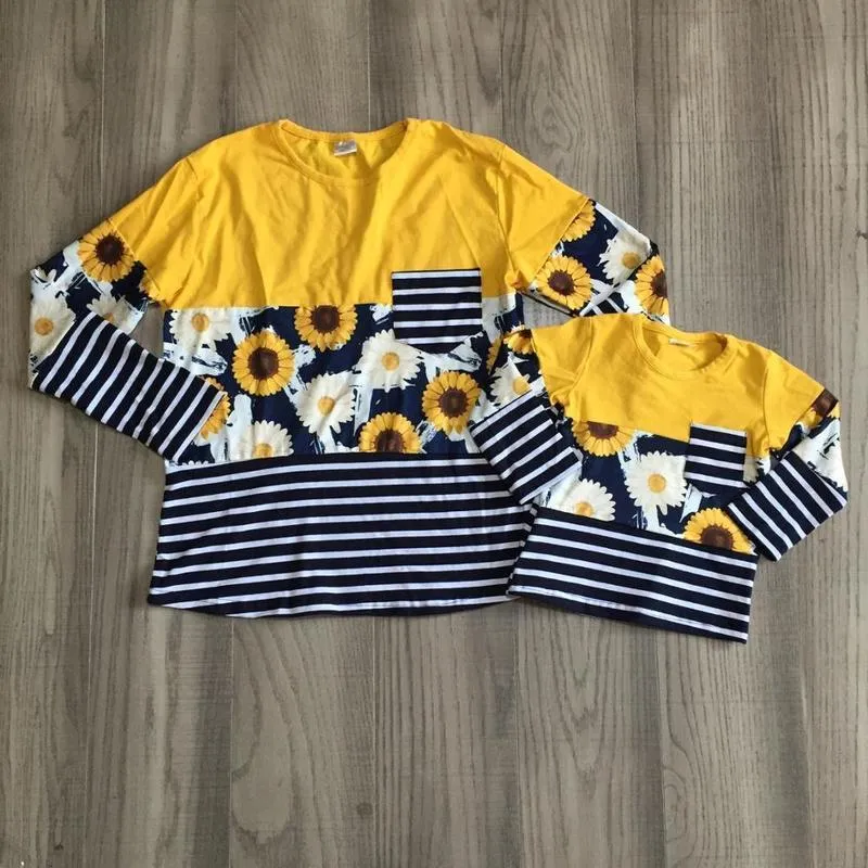 Girlymax Fall / Vinter Baby Flickor Boutique Senap Navy Stripe Sunflower Mamma Vuxen T-shirt Kläder Bomull Top Barn Raglans LJ201111