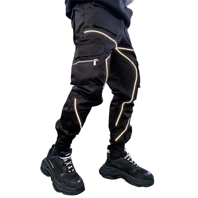 Wiosenne jesienne spodnie cargo moda męska Hip Hop fajne High street joggers nocne odblaskowe spodnie casual męskie spodnie dresowe