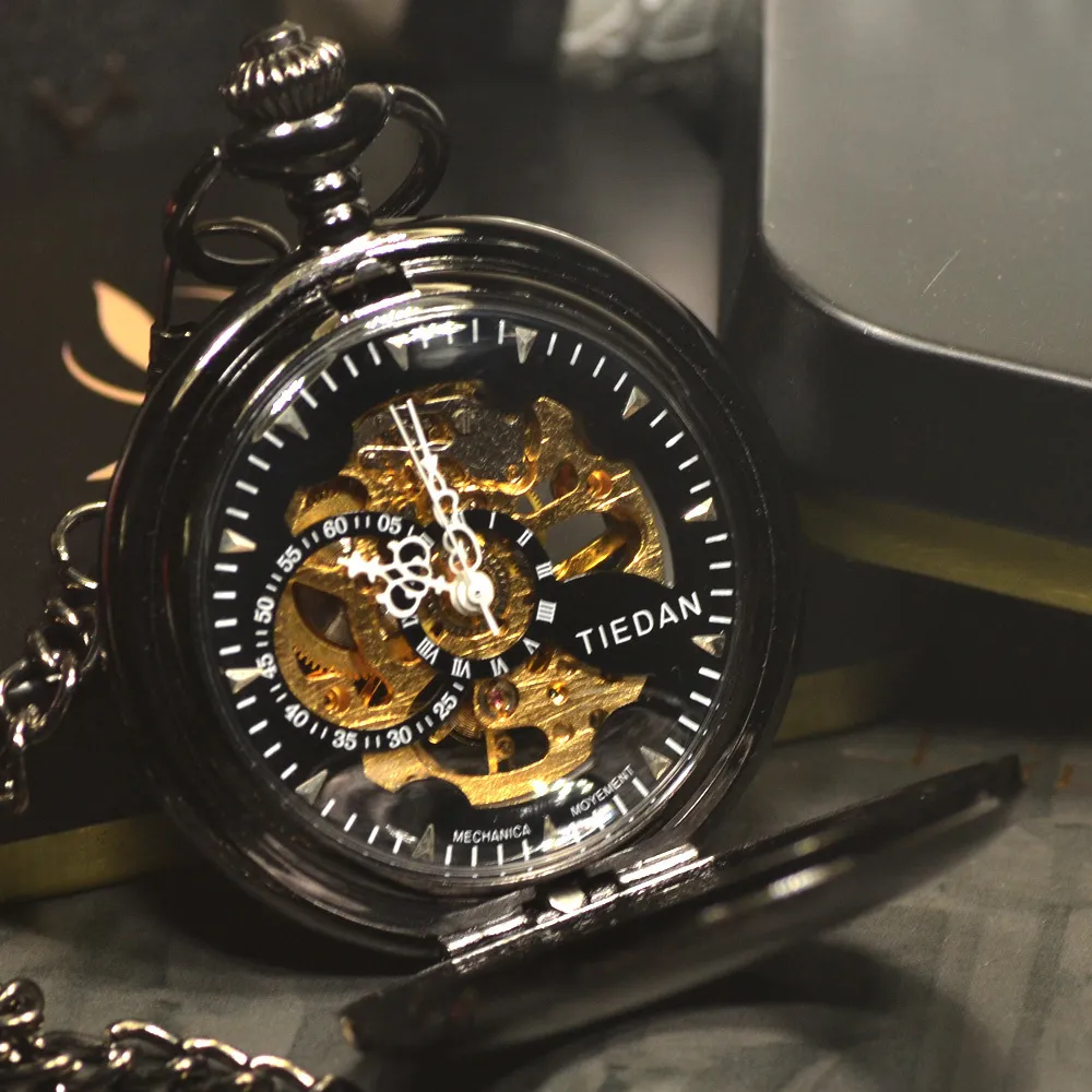 TIEDAN Retro Vintage Antique Black Sport Style Classic Chain Fashion Steampunk Skeleton Mechanical Pocket Watch Men Necklace T2005307v