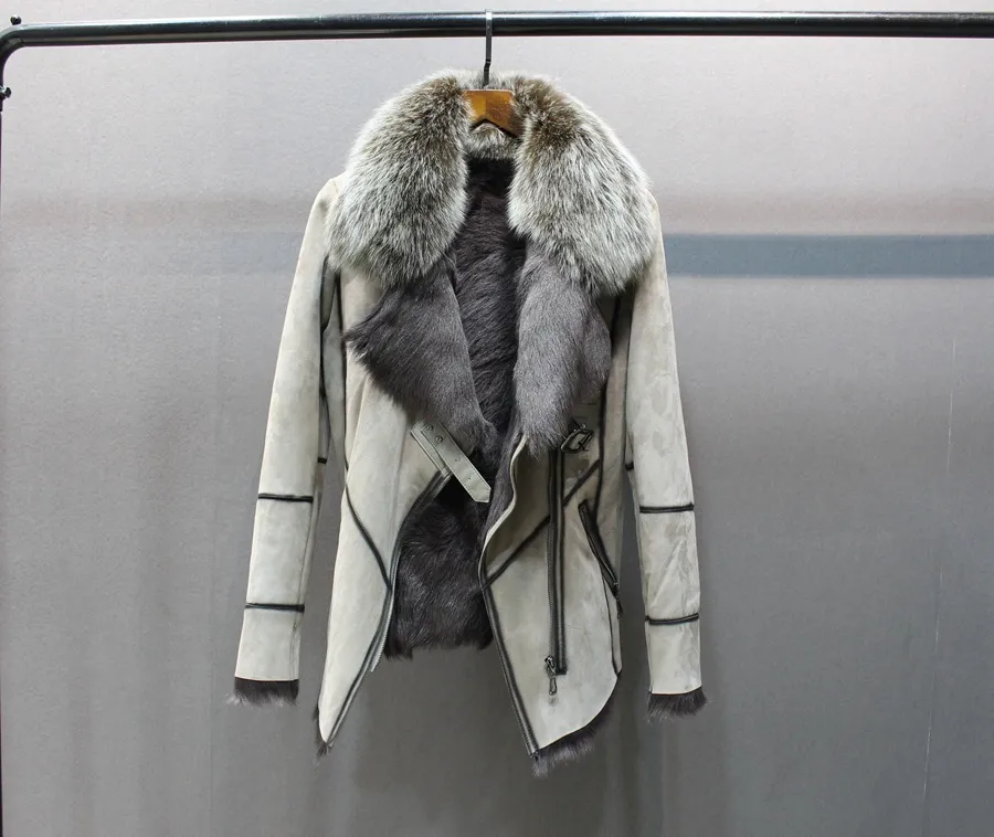 100% genuine sheepskin leather with fur coat slim with fox fur collar (1)