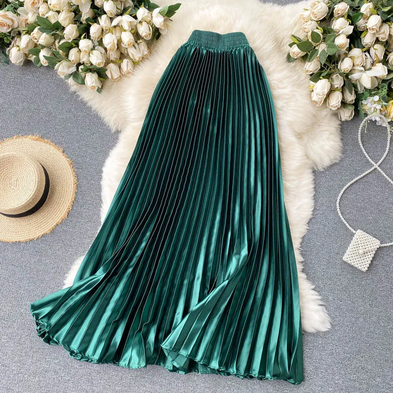 높은 허리 긴 스커트 Womens 2022 Maxi Pleated 치마 여성 의류 우아한 사무실 레이디 패션 메탈릭 새틴 스커트