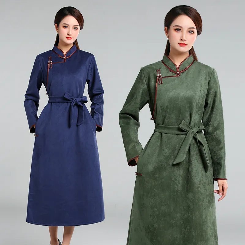 Monglian Style Casual Dresses Women Spring Autumn Modern Vestido Stand Collar Vintage Gown Asian Suede Elegant Kläder