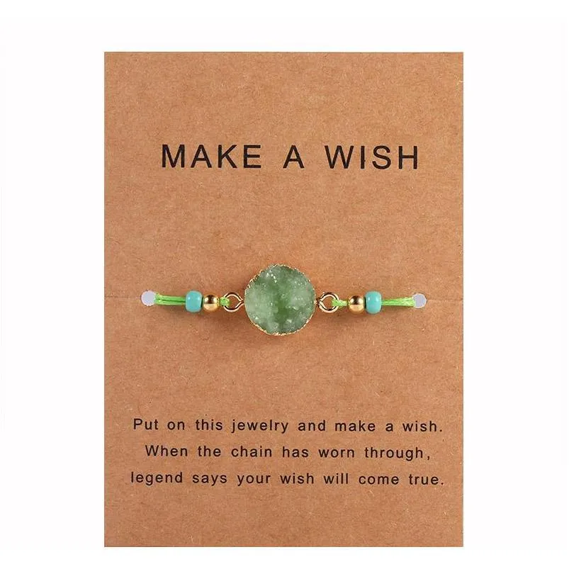 handmade druzy resin stone bracelet make a wish card wax rope braided bracelets bangles with rice bead for women girls summer beach