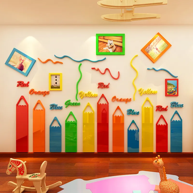 Färgpennor tecknad 3d akryl vägg klistermärken för barn rum vardagsrum dagis ram dekoration diy konst vägg dekor t200111