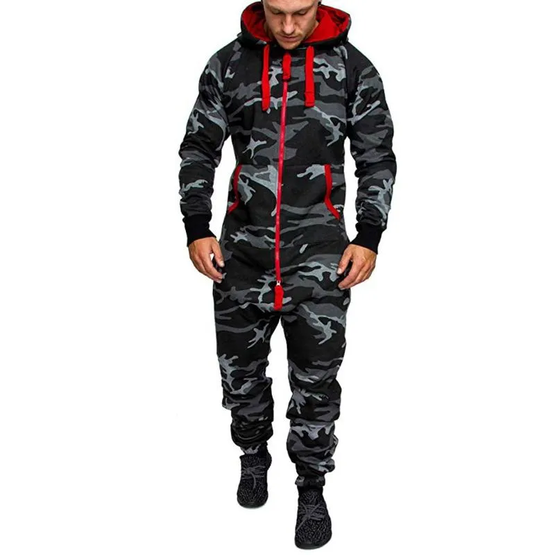 Jumpsuit Lange Broek Mannen Pyjama Splicing Herfst Winter Warm Casual Comfortabele Hoodie Zipper Print Jumpsuit Men Set