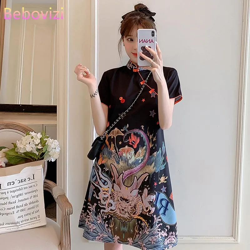 민족 의류 플러스 사이즈 M-4XL 패션 트렌드 현대 파티 청사 드레스 여성을위한 여름 검은 짧은 소매 qipao 전통 중국어 Clo