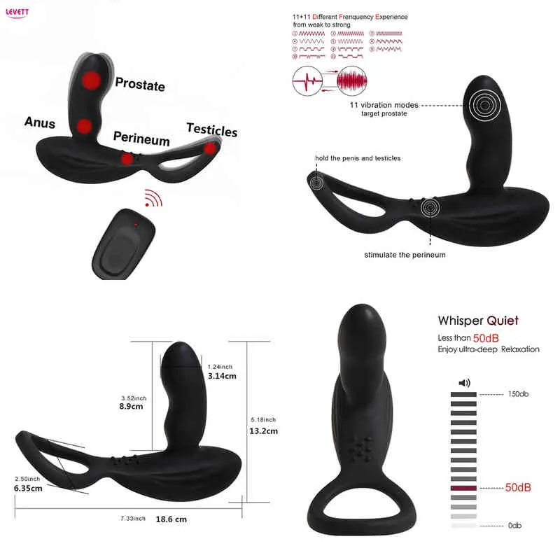 Nxy Vibradores Levett USB Recarregável Massageador de Prostato Masculino Plug Anal Brinquedos Sexuais Para Homens Ring Sem Fio Remoto Controle Remoto Vibrador 220110