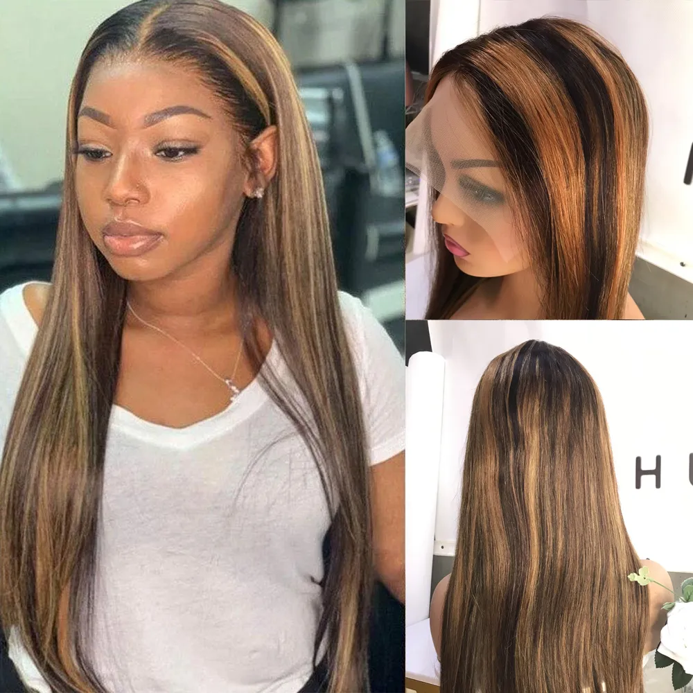 Ombre Ginger Color Sliky Straight Hair Wigs With Baby Hair Ombre Highling Brown Human Hair Lace Front Pärlor för Mode Kvinnor 22 tum