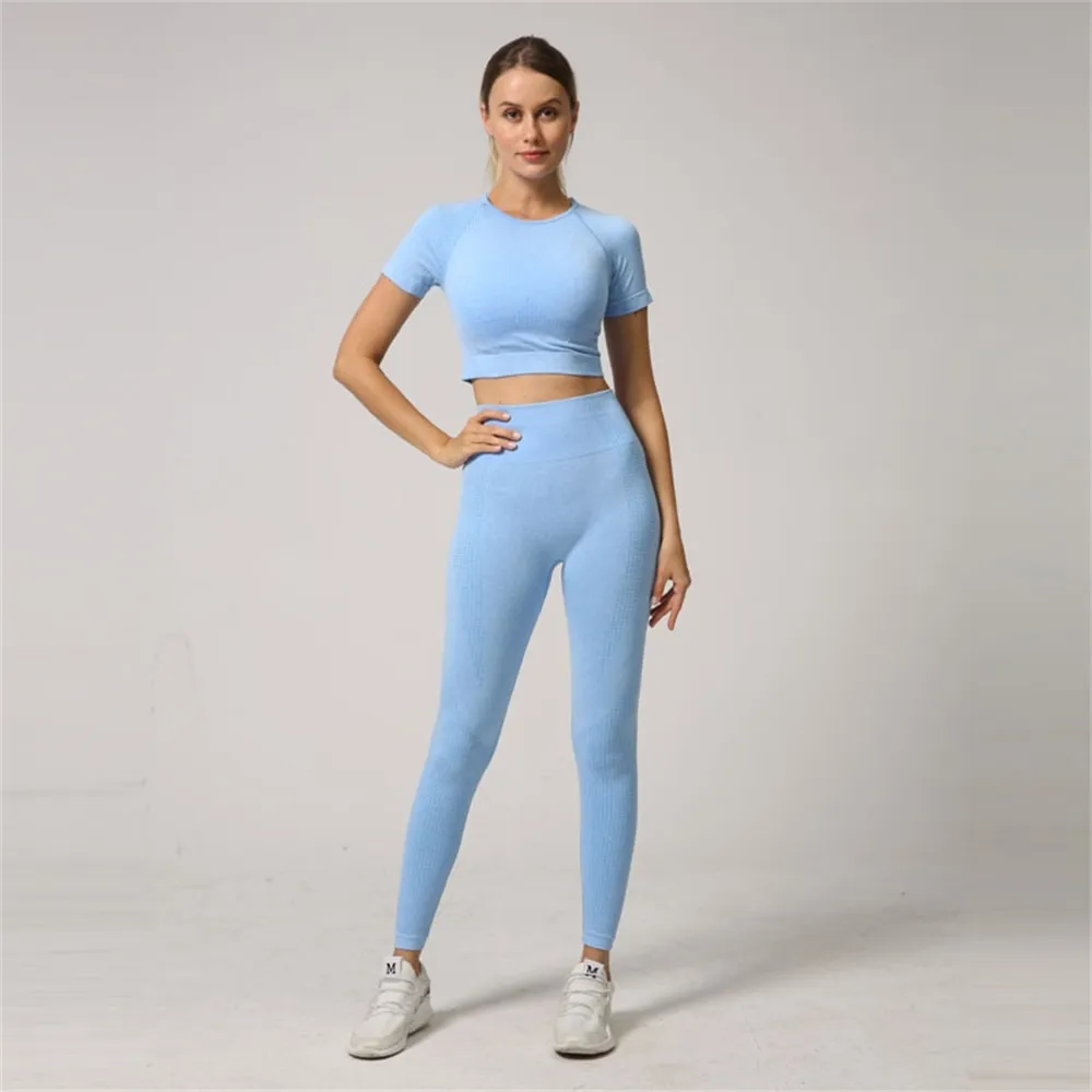 Vital sem emenda de esporte terno ginásio treino roupas yoga conjunto de manga curta fitness colheita top t-shirt + cintura alta leggings sem costura mulheres lj200815