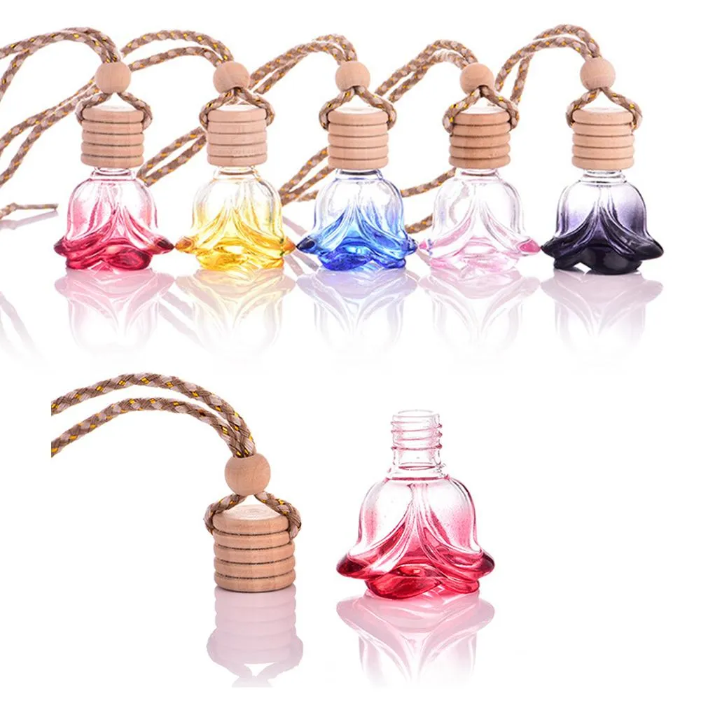 Kleurrijke etherische olie auto ornament bloem vorm parfum hanger auto parfumflessen auto-styling hangende glazen fles luchtverfrisser