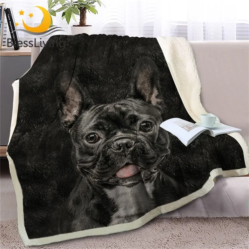 BlessLiving French Bulldog Sherpa Blanket on Bed Animal Dog Throw Blanket for Adult Brown Gray Bedding mantas para cama 150x200 201112