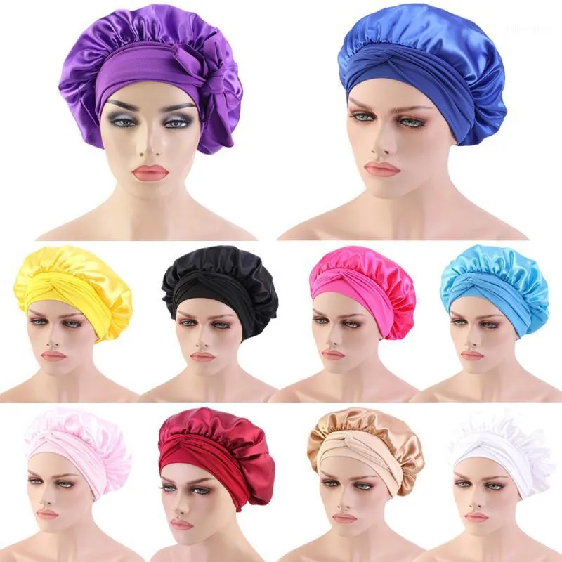 Beanie/Skull Caps Women Hair Satin Bonnet For Sleeping Shower Cap Silk Head Wrap Ladies Night Sleep Hat Long Tail Headscarf Turban Beanie Ca