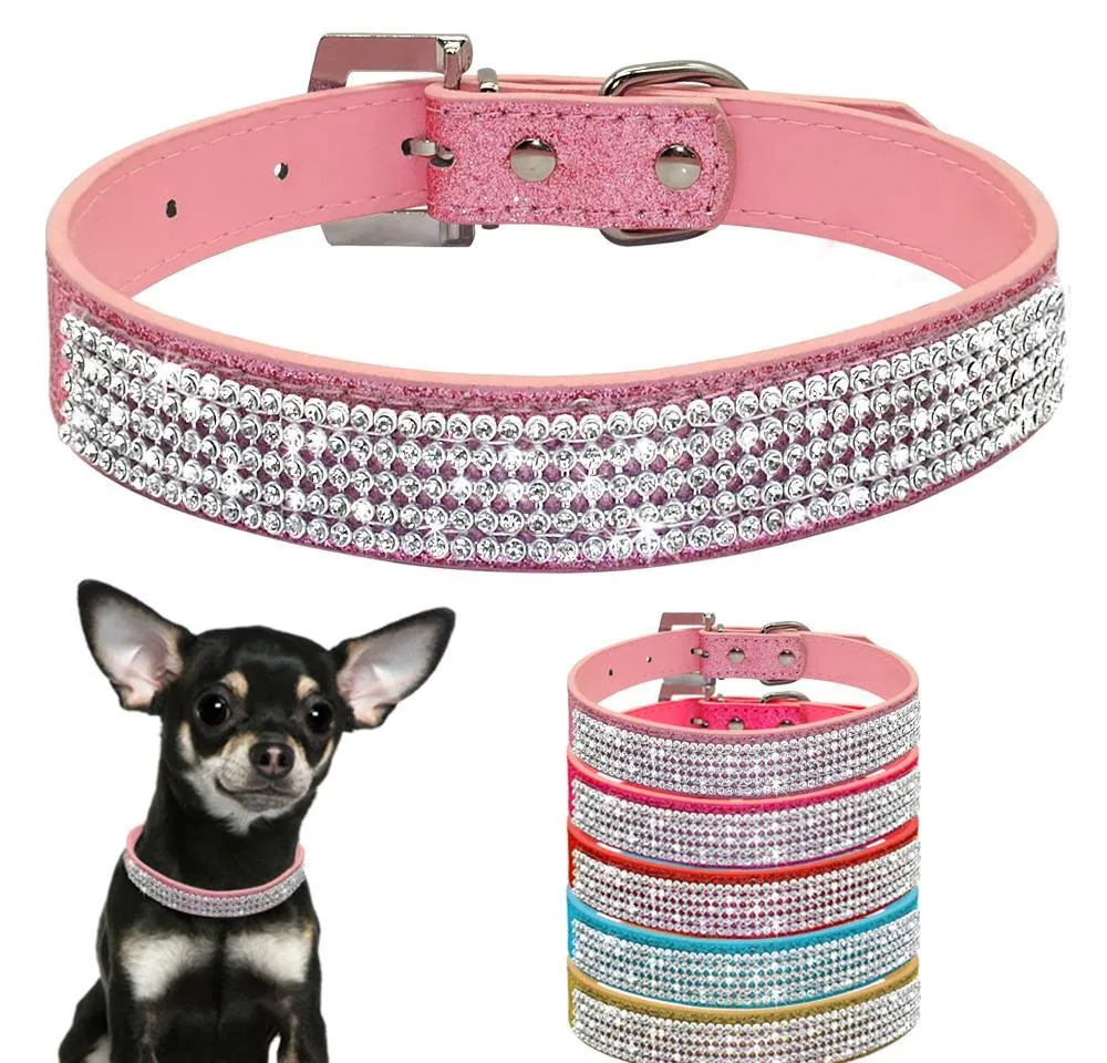 Collari per cani gatto in pelle PU con strass Bling rosa per cani di piccola taglia media Chihuahua Yorkie 5 Co bbywTO bdesports