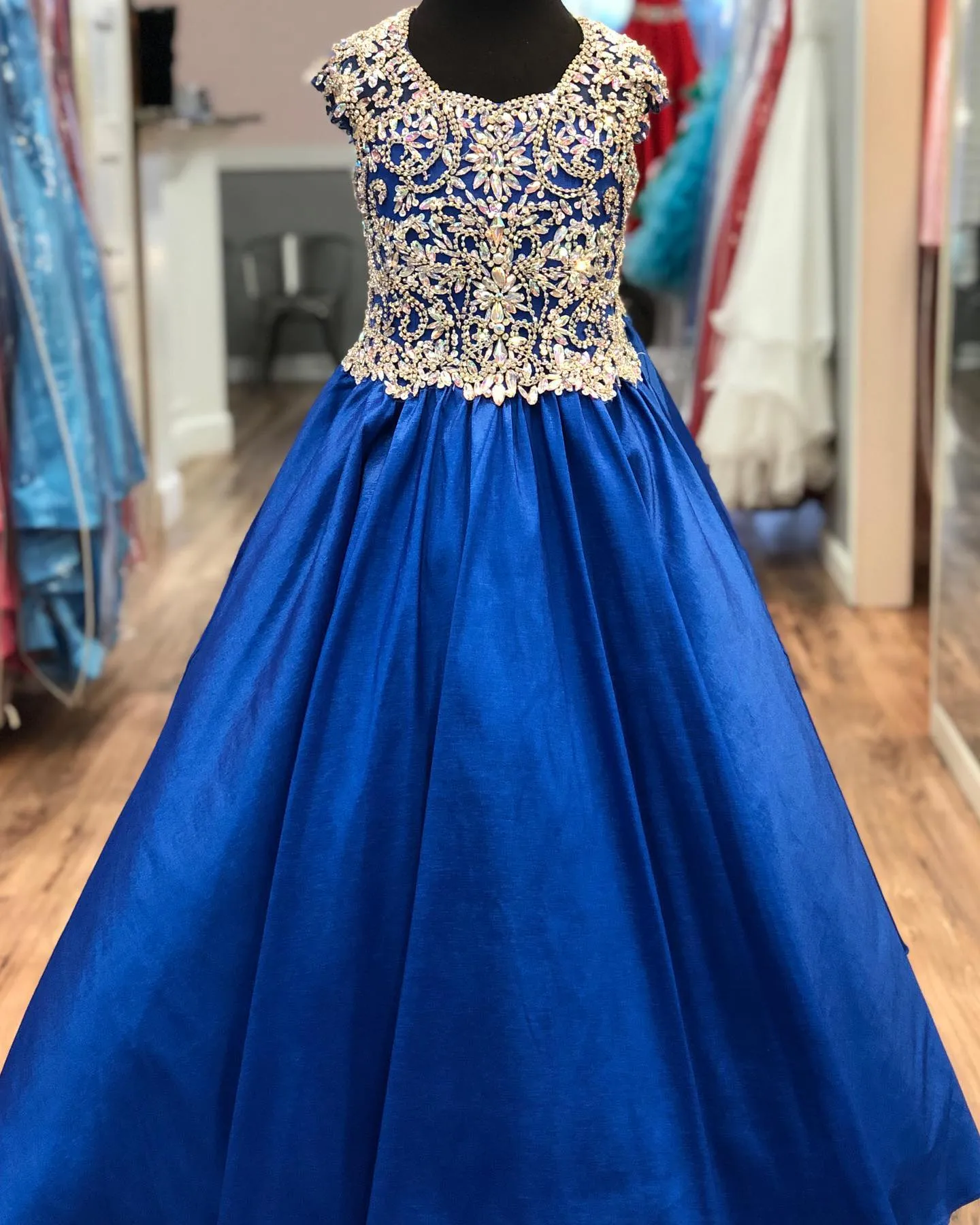 Royal blue short sleeves or cap sleeves sparkle beaded ball gown  wedding/prom dress with glitter tulle