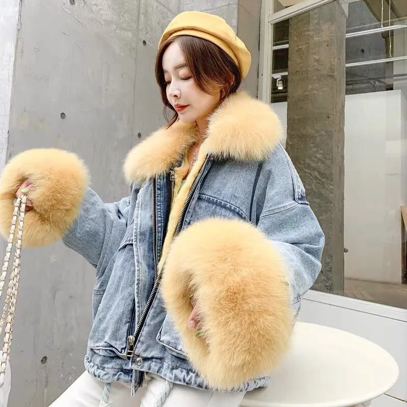 NEW winter velvet thick denim jacket female big fur collar Korean locomotive lamb coat female student short coat XXXL 4XL 201106