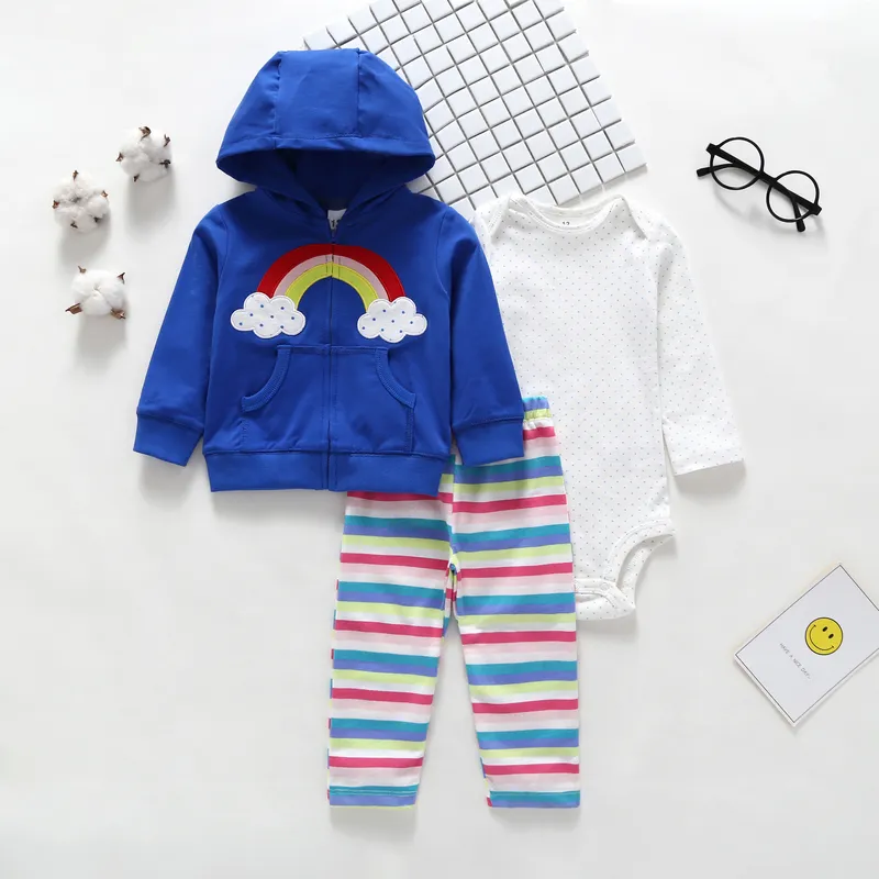 3 pieces outfit for 6-24 month baby boy girl autumn winter new born set long sleeve rainbow hooded jackets&tops+bodysuit+pant