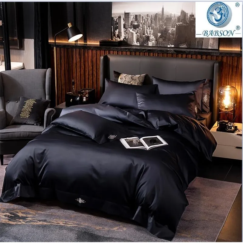 Black egyptian cotton Bedding sets Queen King size Embroidery Bed Duvet cover Bed sheets/fitted sheet linen set hotel bed set 201120