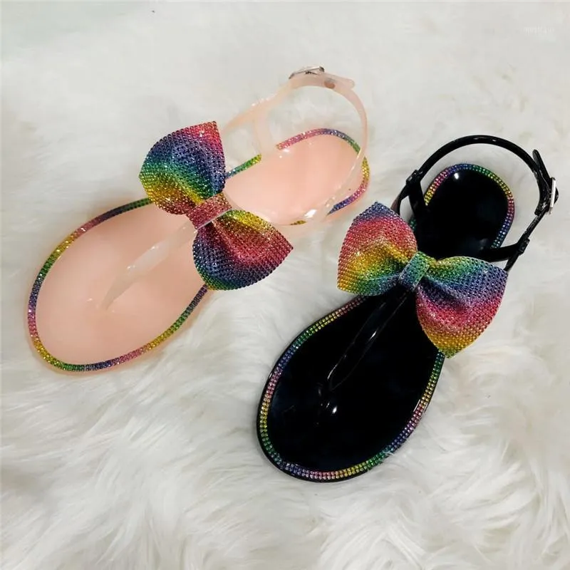 2020 Toppsäljare - Rom Hot Selling Wedges Summer Shoes Rainbow Diamond Bow Big Tofflor Jelly Women Sandals Stor storlek1