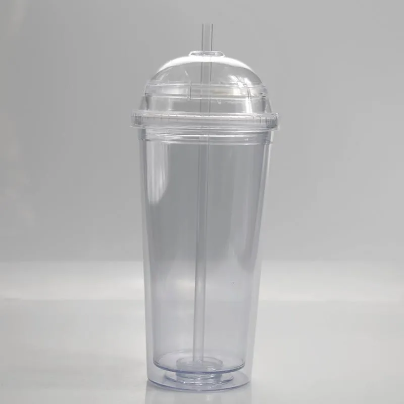 20oz new acrylic cups clear drinking tumblers with transparent straw and dome lid Double wall Large capacity plastic water bottle A07