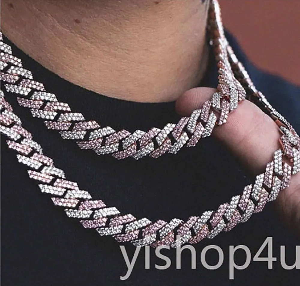 14mm Iced Cuban Link Prong Chain Necklace Armband 14K Two Tone White Rose Gold Cubic Zirconia Jewelry 16Inch-24 tum Cuban Chain221o