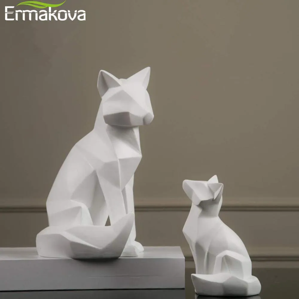 ERMAKOVA Geometric Fox Sculpture Animal Statues Simple White Abstract Ornaments Modern Home Decorations T200703