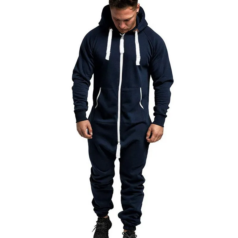 Hommes Pure Couleur Splicing Combinaison Hommes Vêtement d'une seule pièce Pyjama Combishort Zipper Sweat à capuche Homme Onesie Combinaisons Salopette Hombre 201204