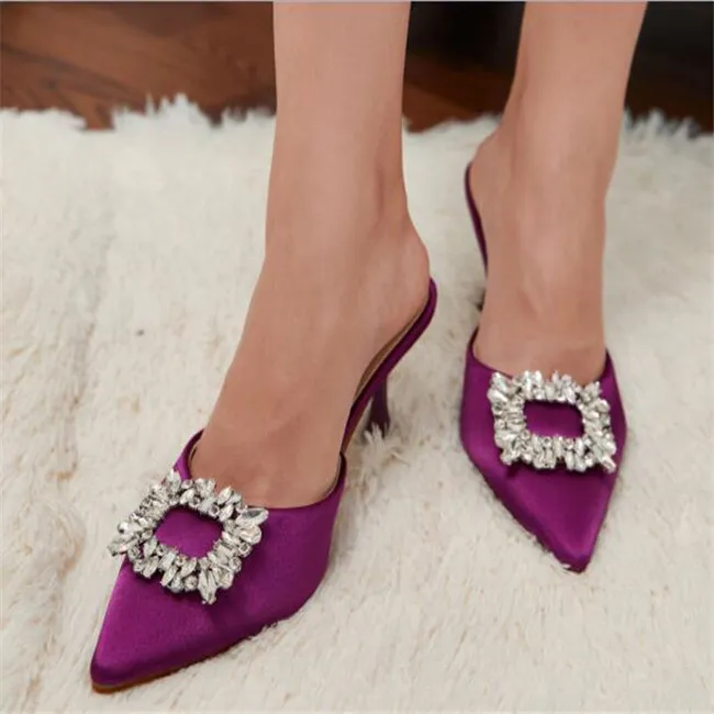 2022 New Arrival Square Buckle Crystal Silk Women Sandals Slipper Spring Summer Pointed High Heels Party Prom Lady Shoes
