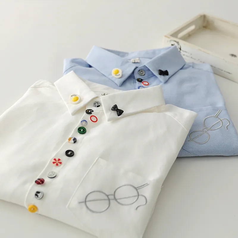 Boutons colorés Lunettes broderie manches longues Oxford tissu chemise chemisier mori fille T200321