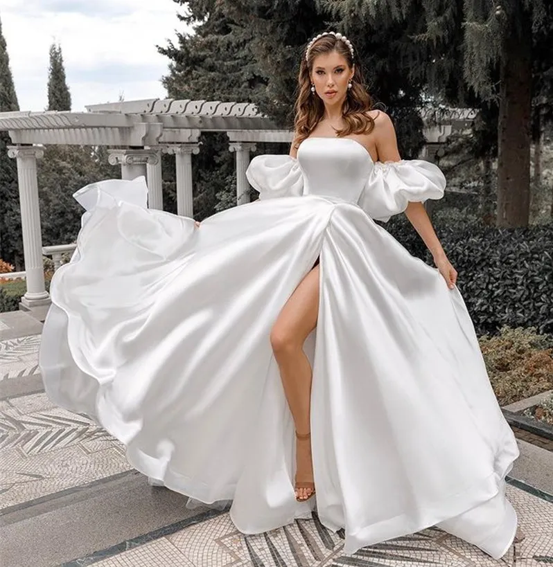 2022 Abito da sposa in raso con maniche a sbuffo rimovibile Abito da sposa con spacco alto laterale A-line Stili semplici con strascico Vestido de Novia Robe Mariee