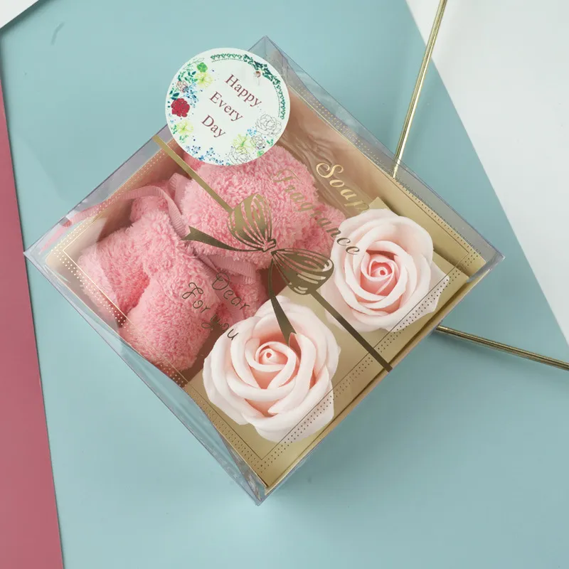 Rose Bear Valentines Day Gifts Bear Towel Simulation Flower Gift Boxes Soap Flowers Valentines Day Party Favor XD24413