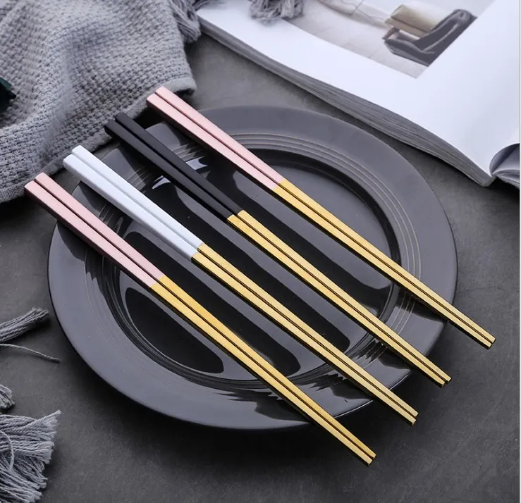 Gold Chopsticks 304 Stainless Steel Chopsticks Wedding with Coating Black White Pink End High Grand