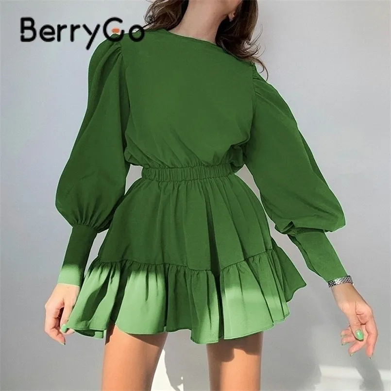 Berrygo 대학 스타일 랜턴 슬리브 러블 여성 드레스 녹색 우아한 A 라인 탄성 허리 미니 여성 솔리드 vestidos 220311