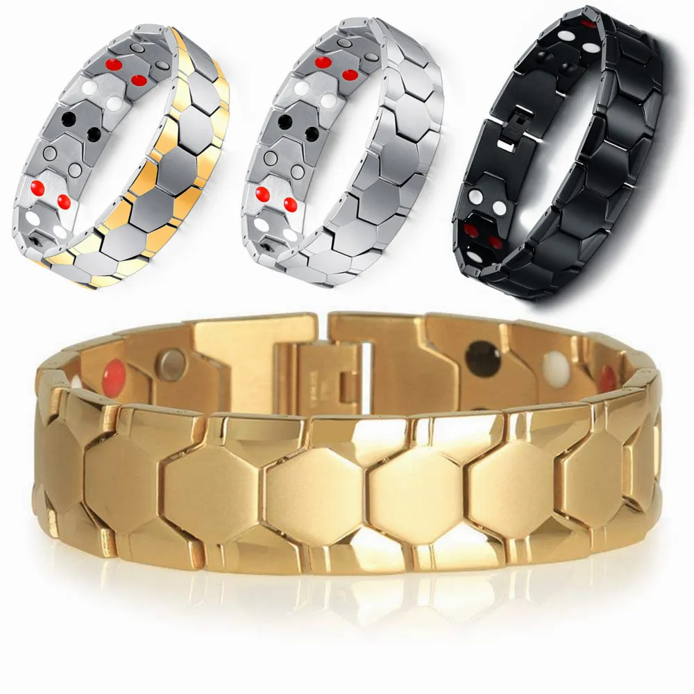 18mm de largura magnética ímã pulseira homens indianos jóias cor de ouro polido de aço inoxidável mens motociclista braceletes homem pulseira