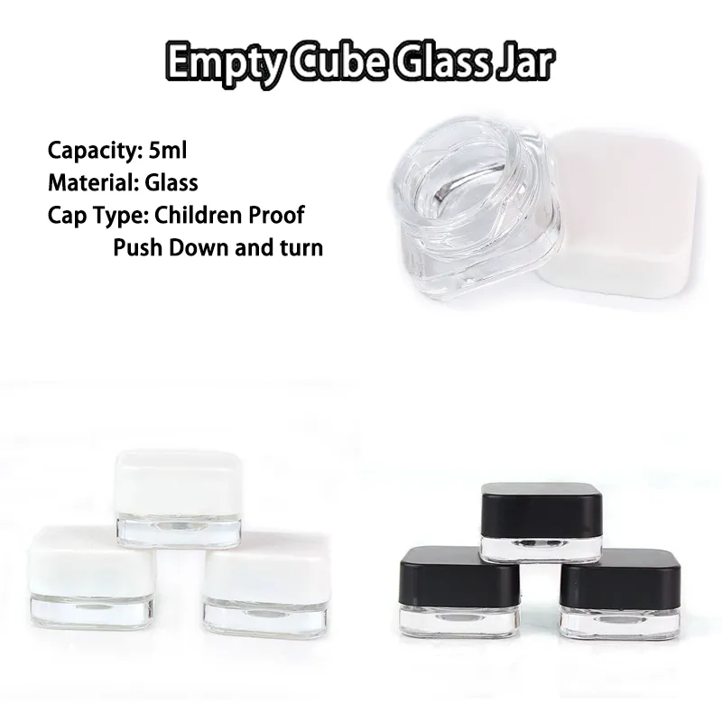 Vaso di vetro cera cubo trasparente da 5 ml resistente ai bambini Dab Wax Oil Concentrate Bottle Contenitore cosmetico con tappo bianco o nero