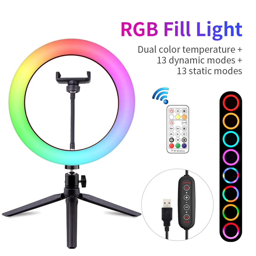 Anneau lumineux LED coloré professionnel de 26cm rvb avec trépied 13 Modes éclairage de photographie à télécommande USB pour Youtube Live Vlog