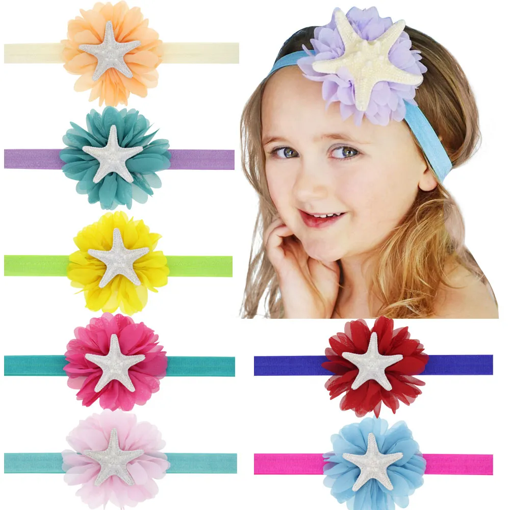 Bebê Headbands Flower Rhinestone Starfish Hairbands Infantil Elastic Princesa Chiffon Head Bands Meninas Kids Kids Acessórios Headdress WKHA05