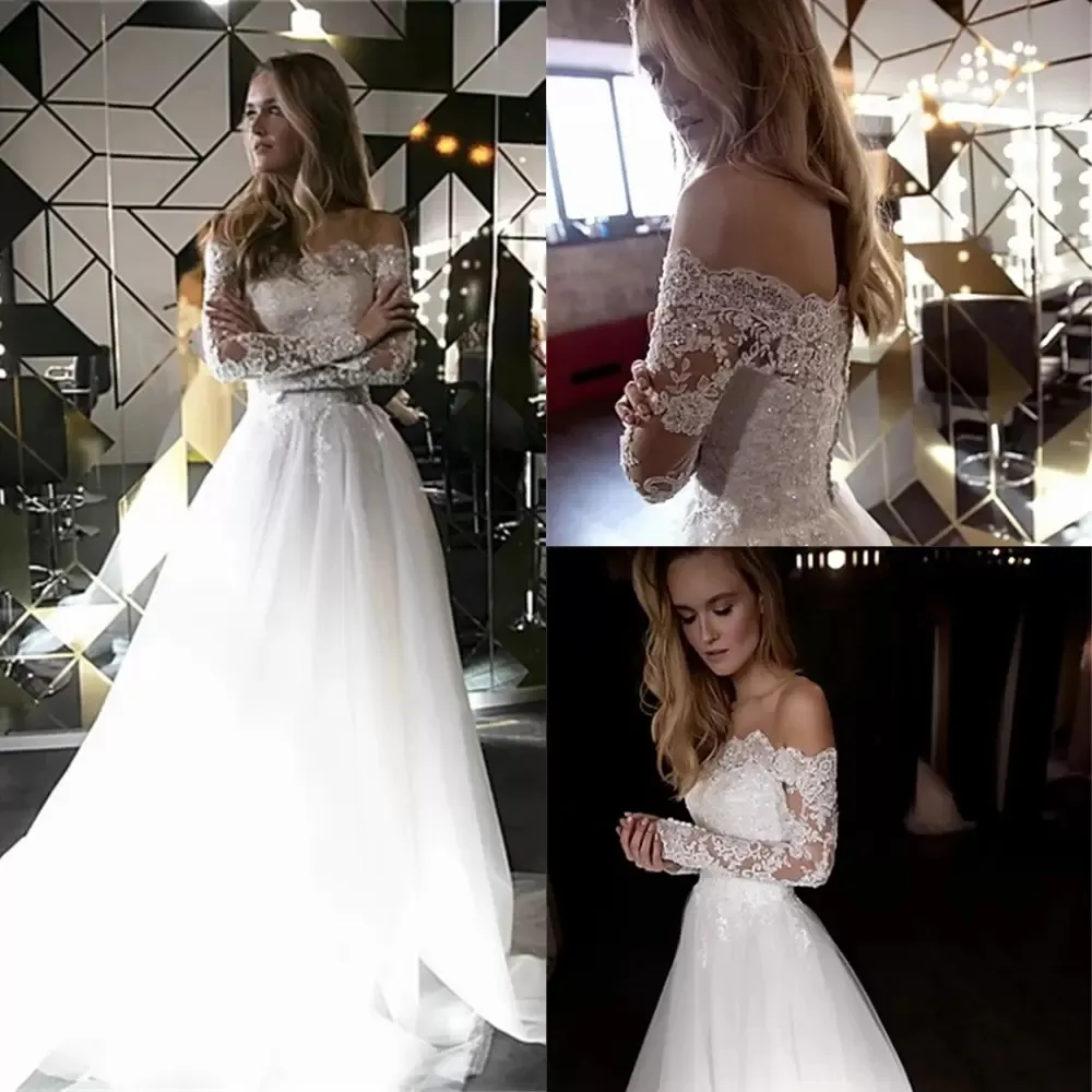 Wedding Romantic Dress Elegant Off Shoulder Long Sleeves Appliques Tulle Lace Back Sweep Train Bridal Gowns Vestido De Novia Up