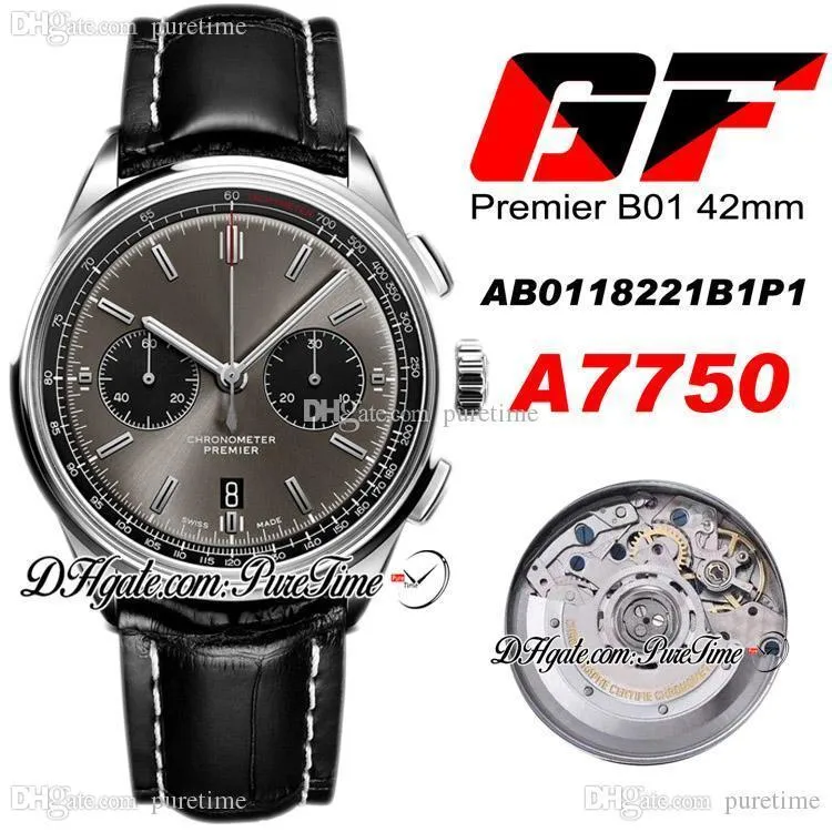 GF Premier B01 ETA A7750 Automatiska kronograf Mens Watch Steel Case Black Dial Ab0118221B1P1 Svart Läder Best Edition 42 PTBL Puretime A1