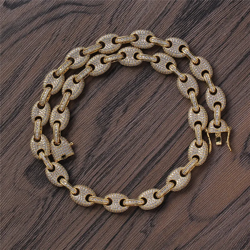 Collier en pierre CZ plaqué or pour hommes, 12mm, 16-20 pouces, chaîne en grains de café, Bracelet de rappeur, bijoux de rue, cadeau 2071