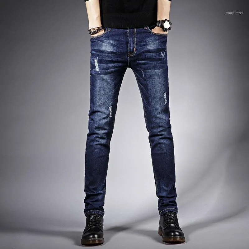 Mäns Jeans 2022 Bomull Män Byxor Lace Up Denim Trousers Svart Skinny Slim Hip Hop Sportkläder Elastisk Midja Man 28-36