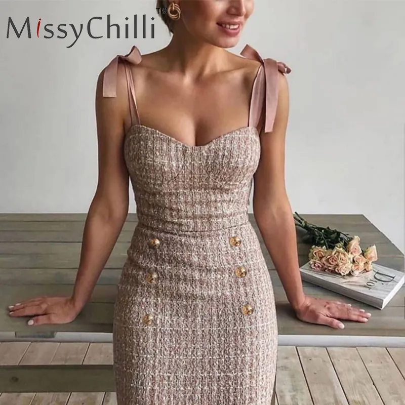 MissyChilli Tweed офисная одежда зашнуровать розовое платье Элегантные пуговицы облегающее летнее женское платье Сексуальное короткое вечернее платье без бретелек T200707