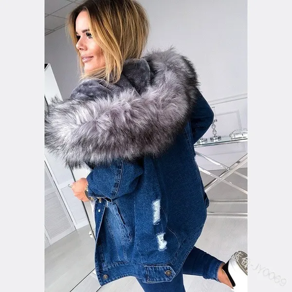 Winter-Damenmode, warmer Kapuzenmantel, neues Design, Pelzkragen, Denim-Mantel, lässige Jacke mit zerrissenen Knöpfen, dicke Daunenjacke, langer Mantel