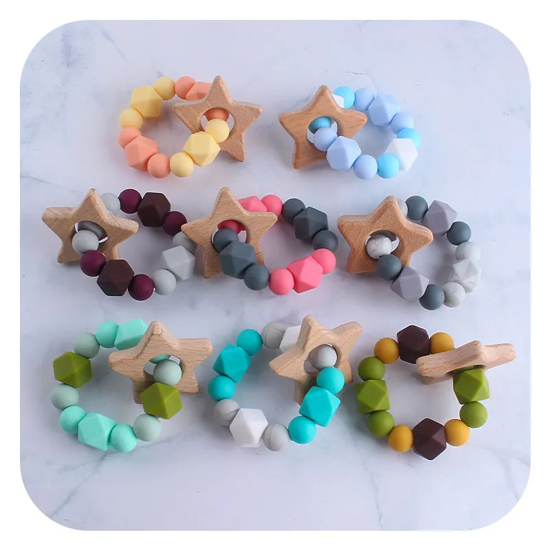 13 Colors Baby Teether Rings Food Grade Beech Wood Five-pointed star Teething Ring Teethers Toys Round Wooden silicone Beads M3185