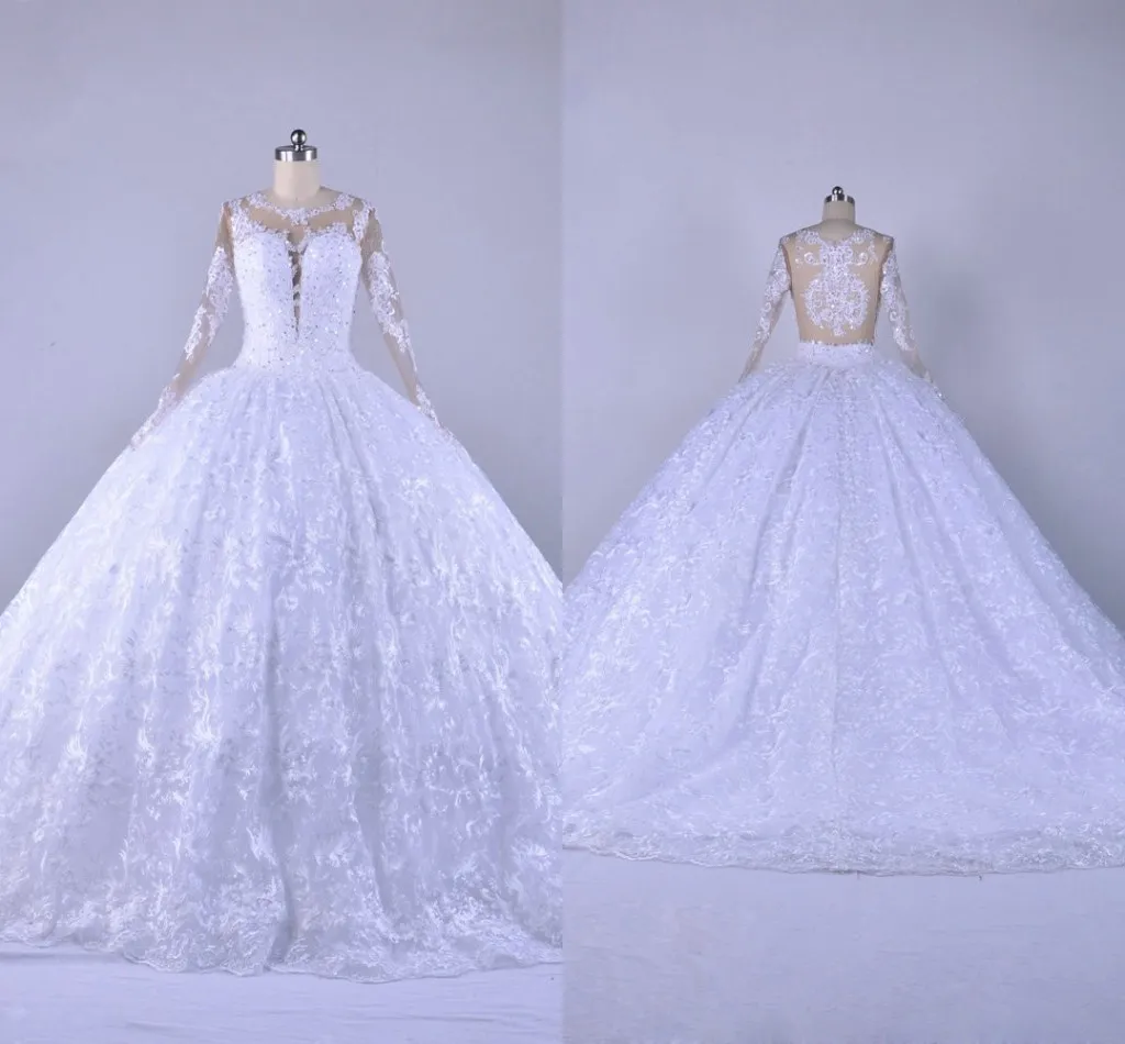 Luksusowe Koraliki Koronki Suknie Ślubne Długie Rękawy Ball Suknia Sheer Boat Neckline Hollow Back Empire Waist Robes De Mariée Vestidos de Novia